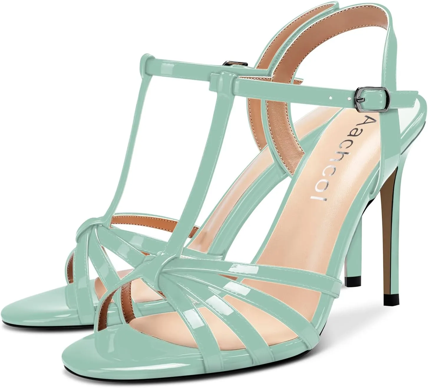 Aachcol Women T-strap Slingback Sandals Stiletto High Heel Peep Open Toe Ankle Strap Shoes 4 Inches