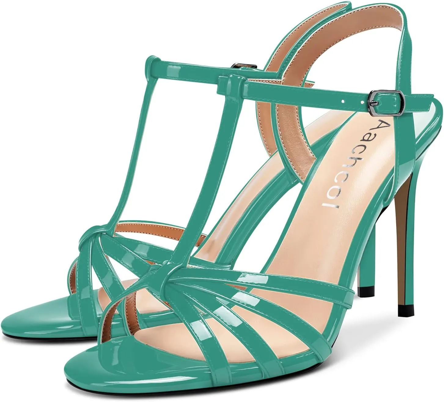Aachcol Women T-strap Slingback Sandals Stiletto High Heel Peep Open Toe Ankle Strap Shoes 4 Inches