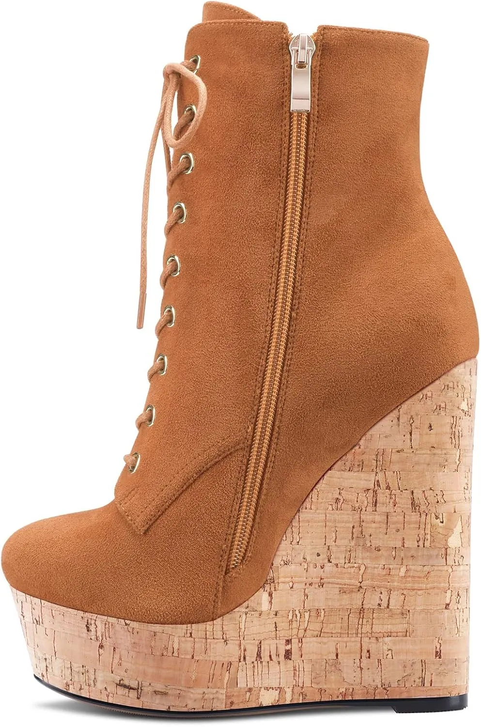 Aachcol Women Wedge Ankle Boots Short Bootie Mid Calf Close Round Toe Chunky Block High Heel Dress Shoes Suede Lace-up 6 Inch
