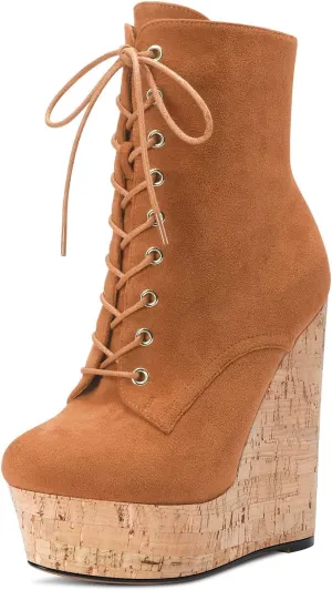 Aachcol Women Wedge Ankle Boots Short Bootie Mid Calf Close Round Toe Chunky Block High Heel Dress Shoes Suede Lace-up 6 Inch