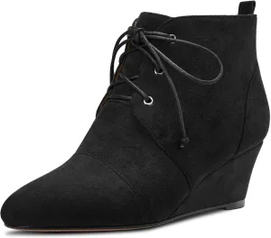 Aachcol Women Wedge Ankle Boots Short Bootie Round Close Toe High Chunky Block Heel Suede Lace-up 2 Inch