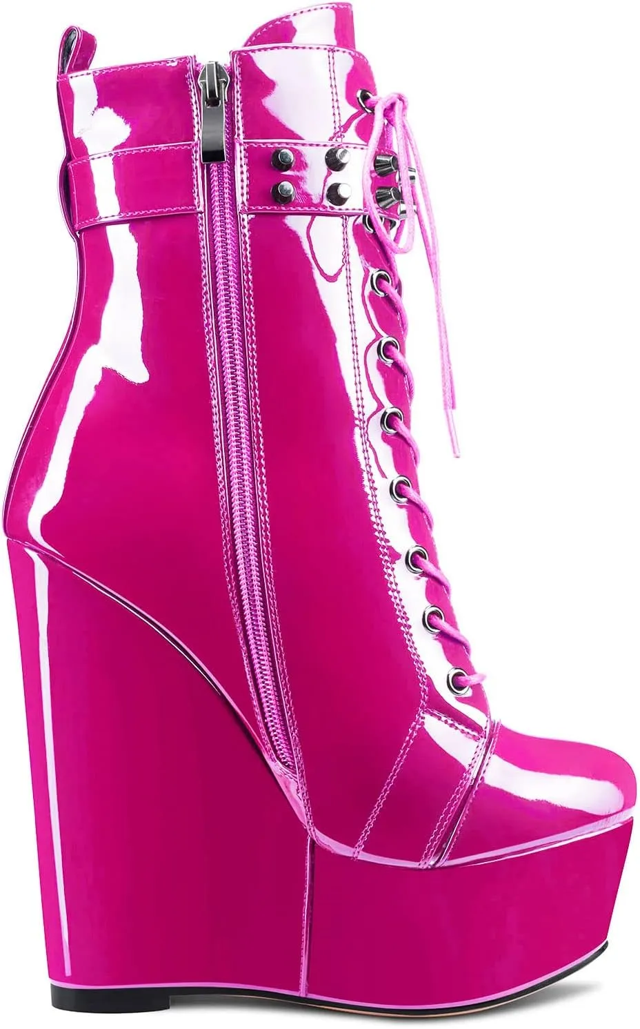 Aachcol Women Wedge Platform High Heel Ankle Boots Short Bootie Round Close Toe Lace-up Shoes Rivets Buckle Patent 6 Inch