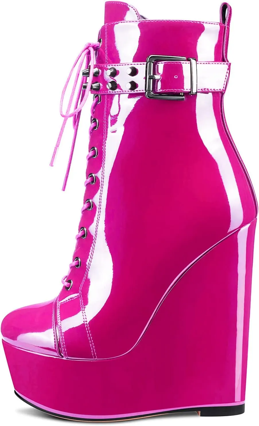 Aachcol Women Wedge Platform High Heel Ankle Boots Short Bootie Round Close Toe Lace-up Shoes Rivets Buckle Patent 6 Inch