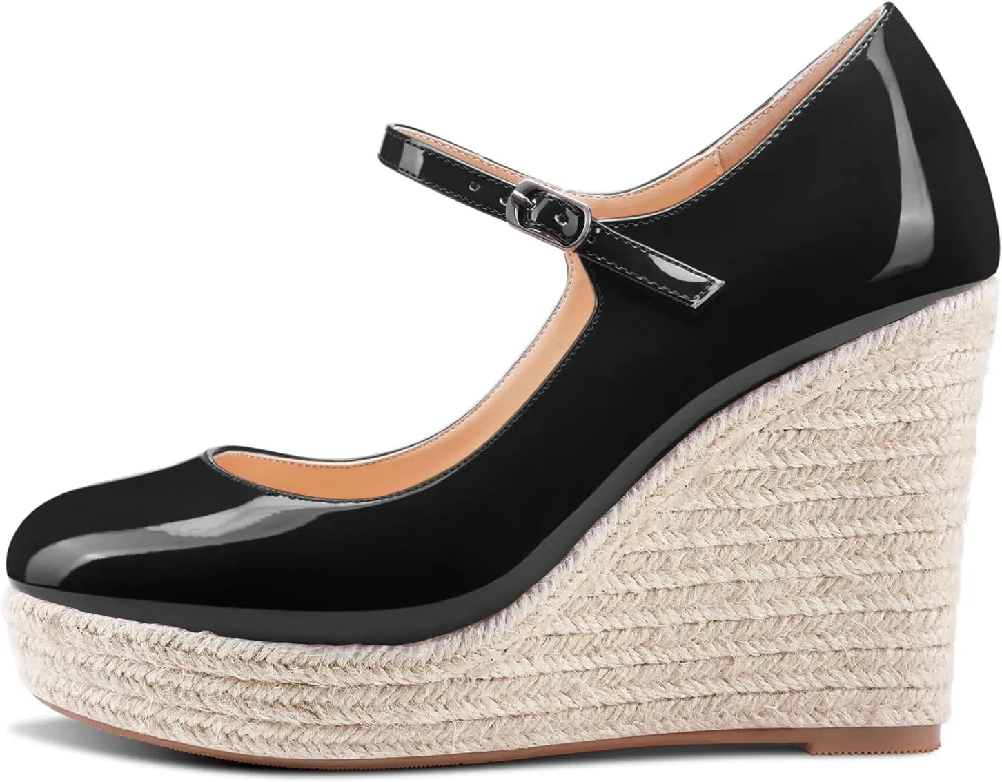 Aachcol Women Wedge Platform Pumps Round Toe Mary Jane Ankle Strap Chunky Block High Heel Dress Shoes Patent 4 Inch