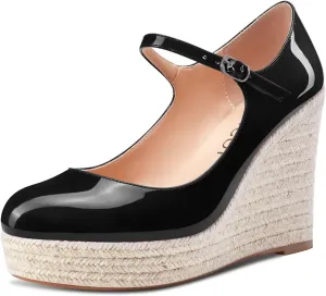 Aachcol Women Wedge Platform Pumps Round Toe Mary Jane Ankle Strap Chunky Block High Heel Dress Shoes Patent 4 Inch