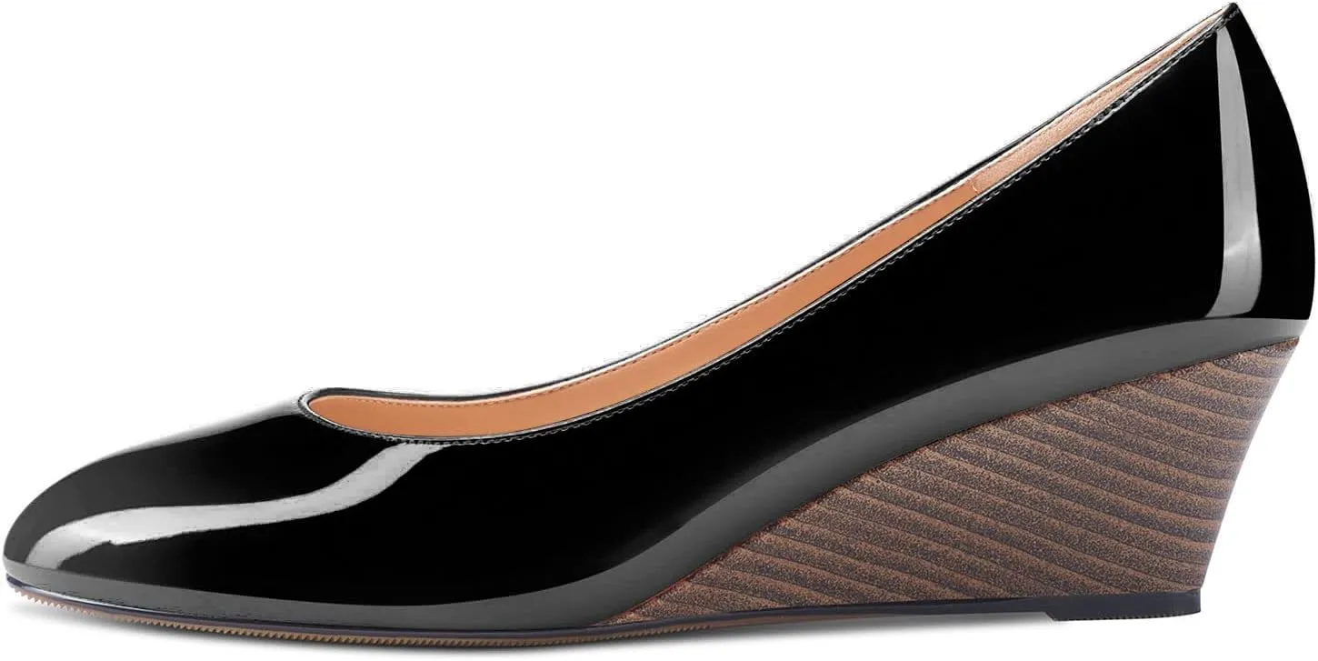 Aachcol Women Wedge Pumps Cork Mid Heel Close Round Toe Slip-on Wedding Office Dress Shoes 2 Inches