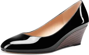 Aachcol Women Wedge Pumps Cork Mid Heel Close Round Toe Slip-on Wedding Office Dress Shoes 2 Inches