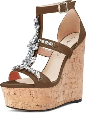 Aachcol Women Wedge Roman Sandals Peep Open Toe Chunky Block High Heel Ankle Strap Dress Shoes Satin 6 Inch