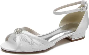 ADMLZQQ Women's Lace Peep Toe Dress Pumps D'Orsay Satin Ankle Strap Ballet Flats