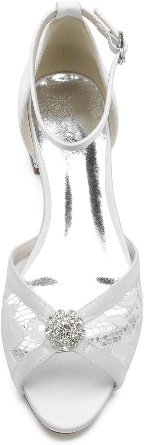 ADMLZQQ Women's Lace Peep Toe Dress Pumps D'Orsay Satin Ankle Strap Ballet Flats