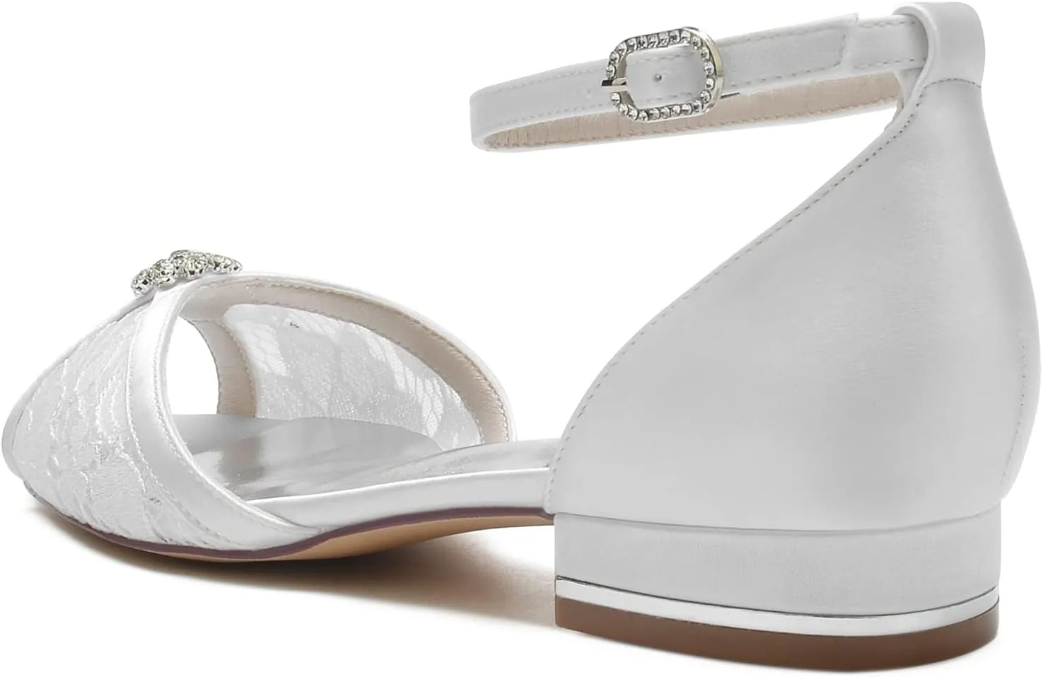 ADMLZQQ Women's Lace Peep Toe Dress Pumps D'Orsay Satin Ankle Strap Ballet Flats