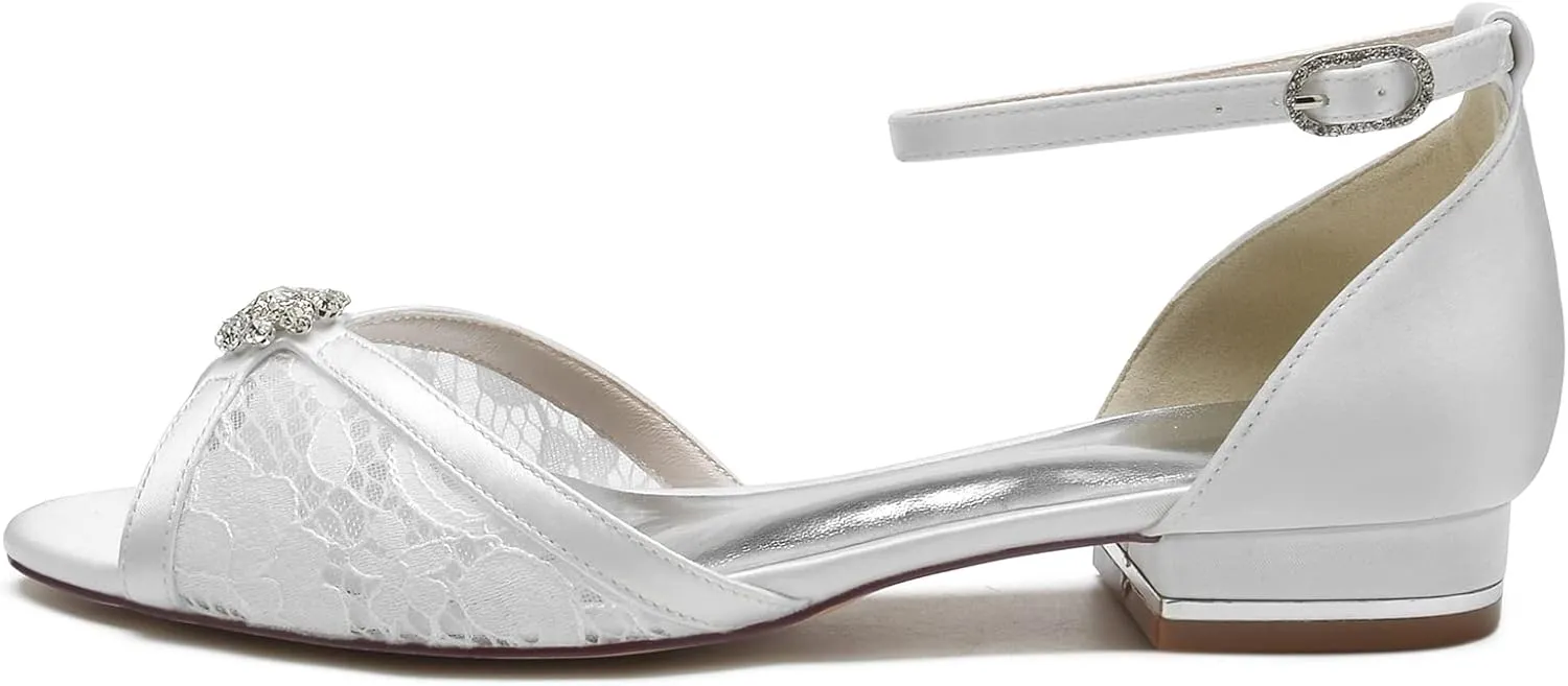 ADMLZQQ Women's Lace Peep Toe Dress Pumps D'Orsay Satin Ankle Strap Ballet Flats