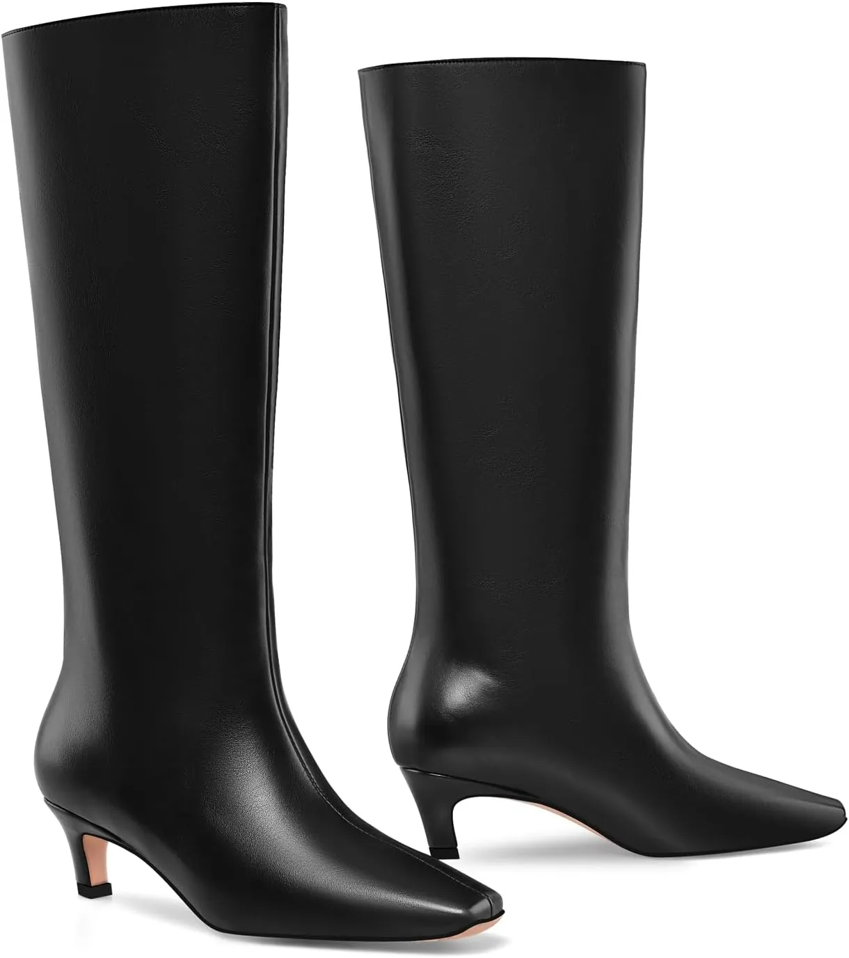 Adrizzlein Knee High Boots Women Kitten Heel Square Toe Tall Boots Wide Calf Pull On Long Boots