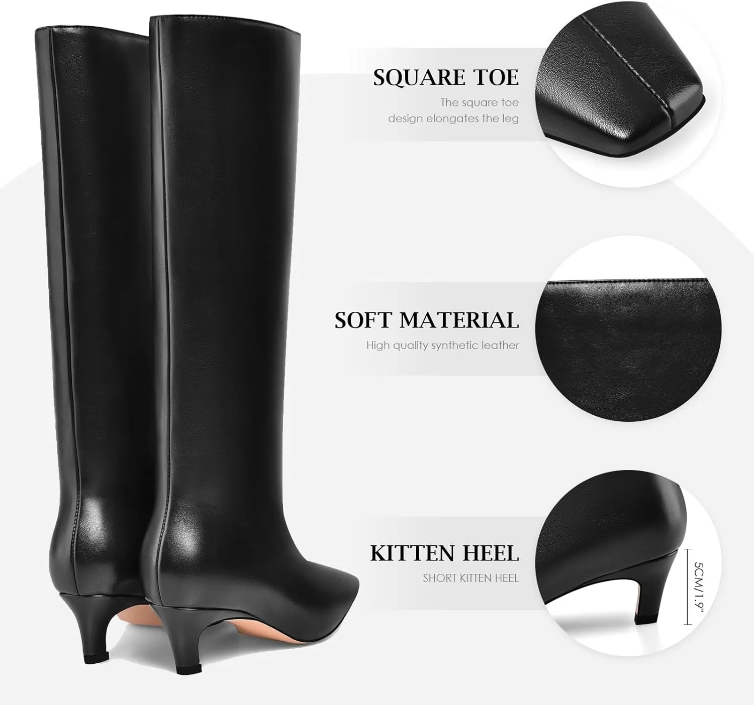 Adrizzlein Knee High Boots Women Kitten Heel Square Toe Tall Boots Wide Calf Pull On Long Boots