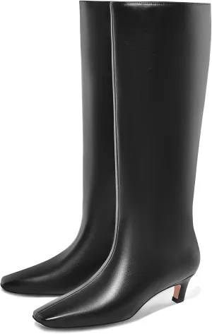 Adrizzlein Knee High Boots Women Kitten Heel Square Toe Tall Boots Wide Calf Pull On Long Boots