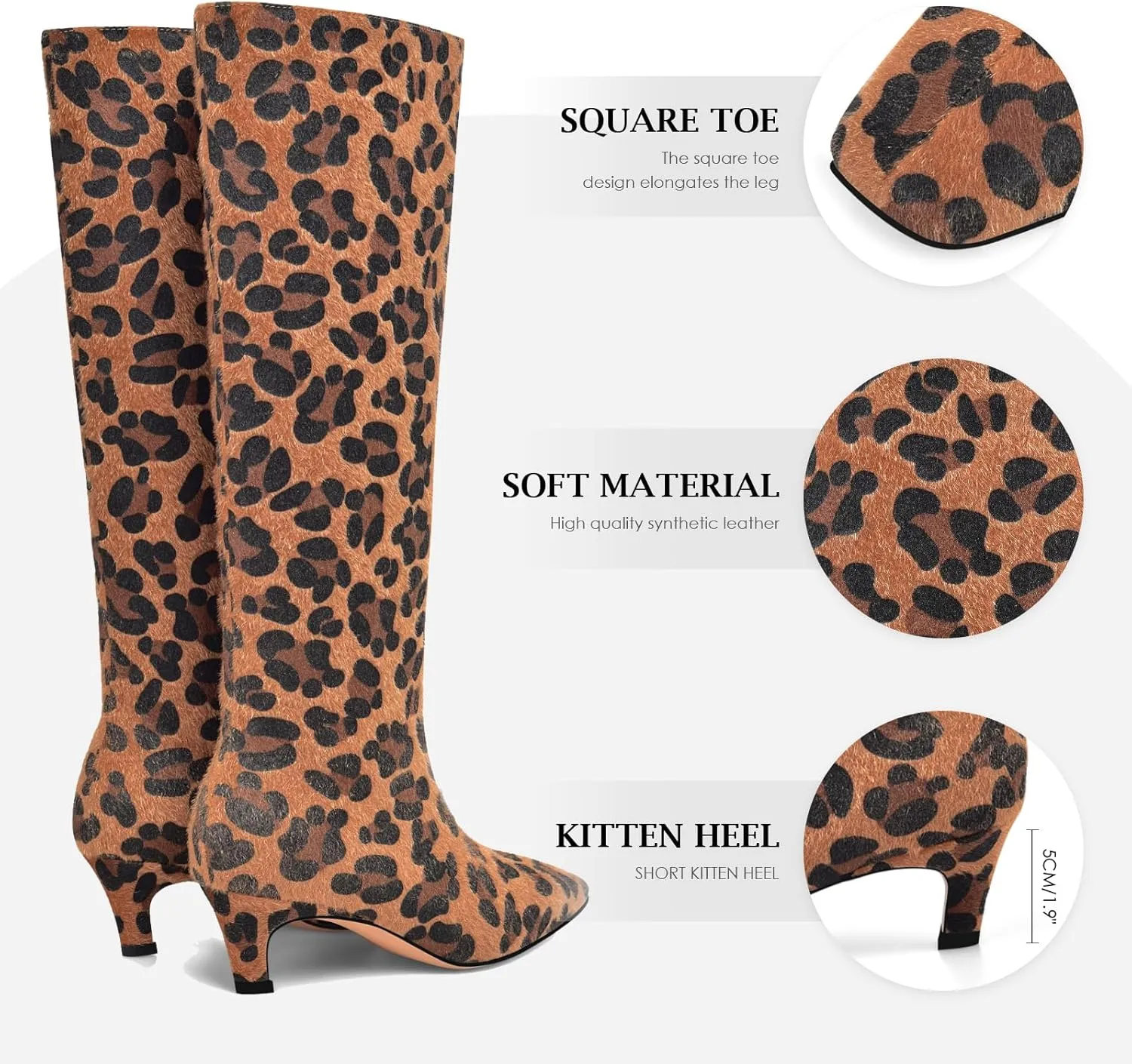 Adrizzlein Knee High Boots Women Kitten Heel Square Toe Tall Boots Wide Calf Pull On Long Boots