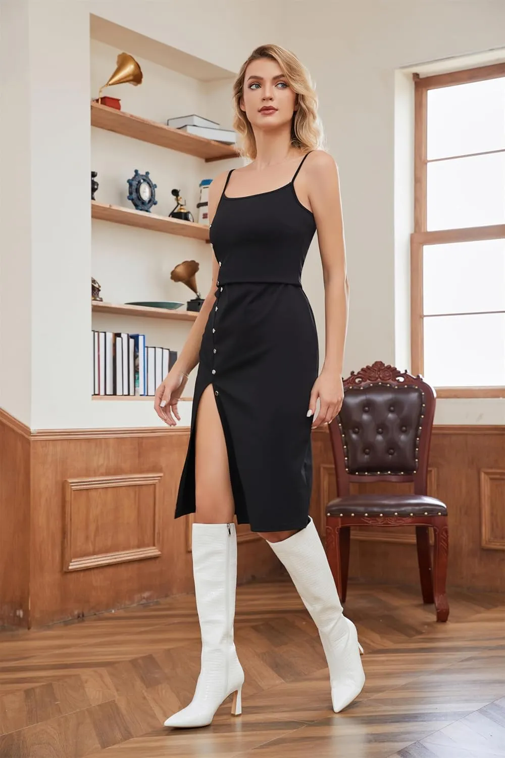 Adrizzlein Women Knee High Boots Pointed Toe Side Zipper Chunky Spool Heel Boot