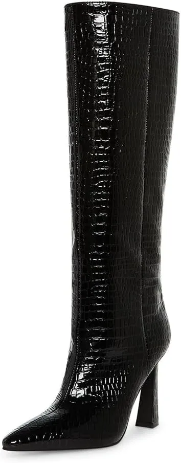 Adrizzlein Women Knee High Boots Pointed Toe Side Zipper Chunky Spool Heel Boot