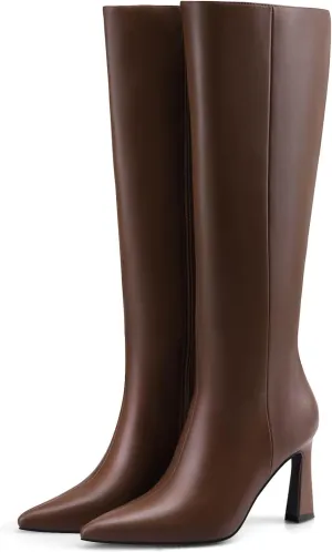 Adrizzlein Women Knee High Boots Pointed Toe Side Zipper Chunky Spool Heel Boot