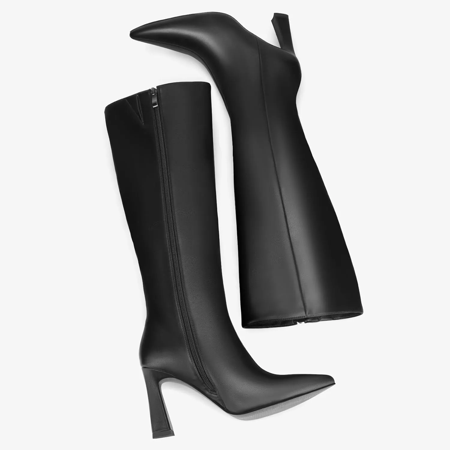 Adrizzlein Women Knee High Boots Pointed Toe Side Zipper Chunky Spool Heel Boot