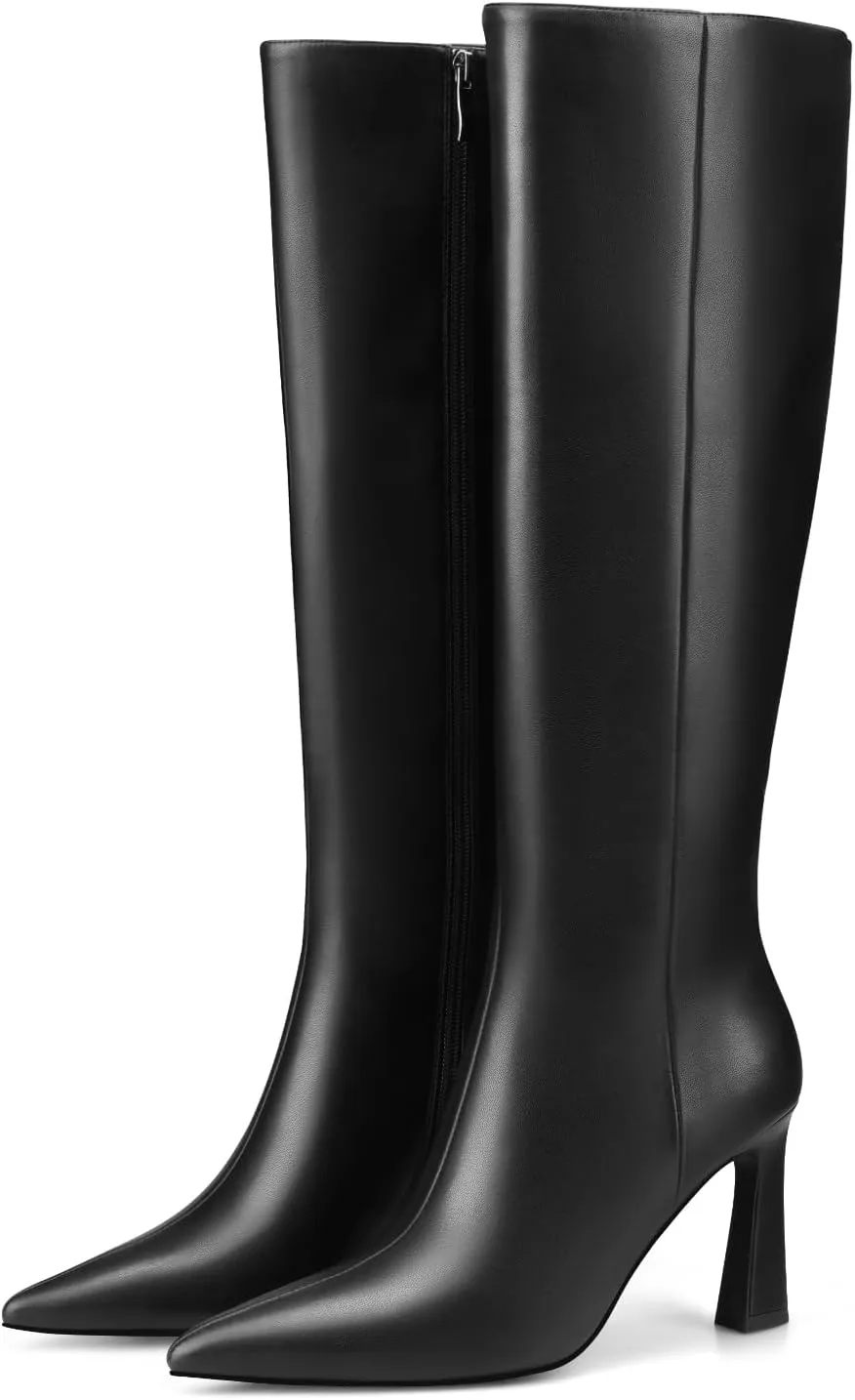 Adrizzlein Women Knee High Boots Pointed Toe Side Zipper Chunky Spool Heel Boot