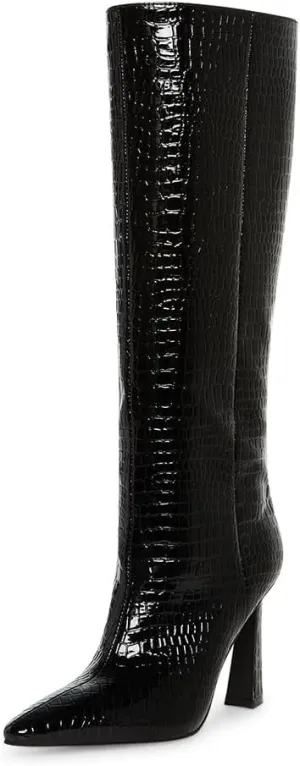 Adrizzlein Women Knee High Boots Pointed Toe Side Zipper Chunky Spool Heel Boot