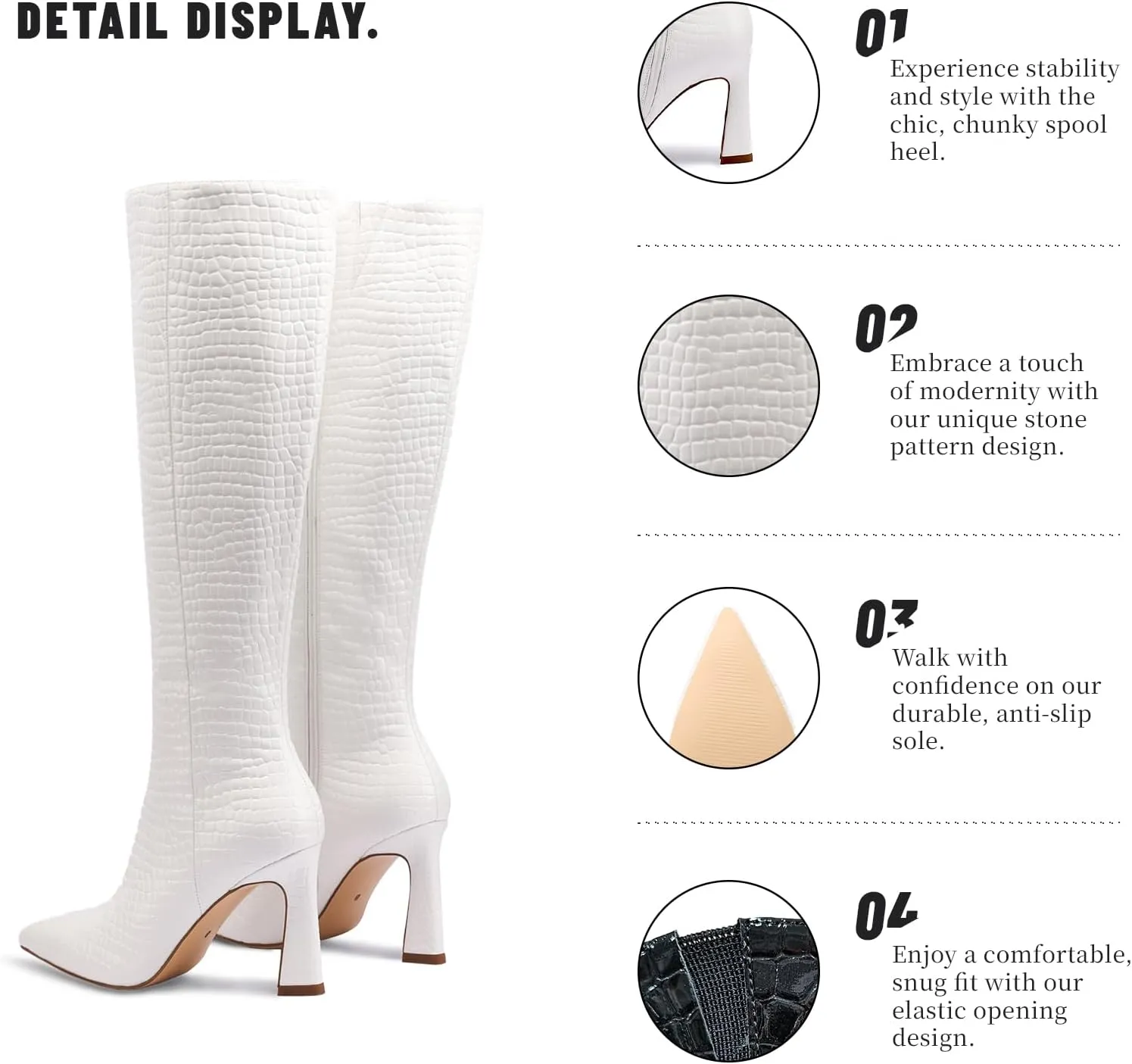 Adrizzlein Women Knee High Boots Pointed Toe Side Zipper Chunky Spool Heel Boot