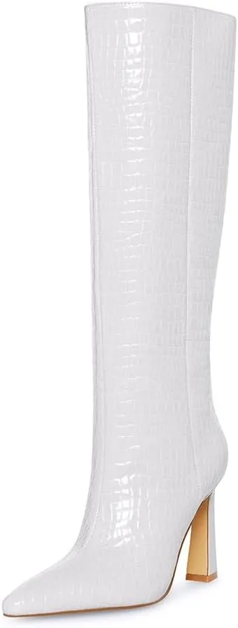 Adrizzlein Women Knee High Boots Pointed Toe Side Zipper Chunky Spool Heel Boot