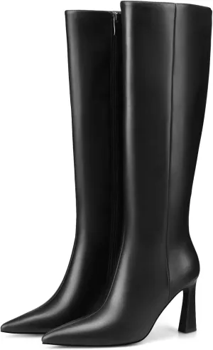 Adrizzlein Women Knee High Boots Pointed Toe Side Zipper Chunky Spool Heel Boot