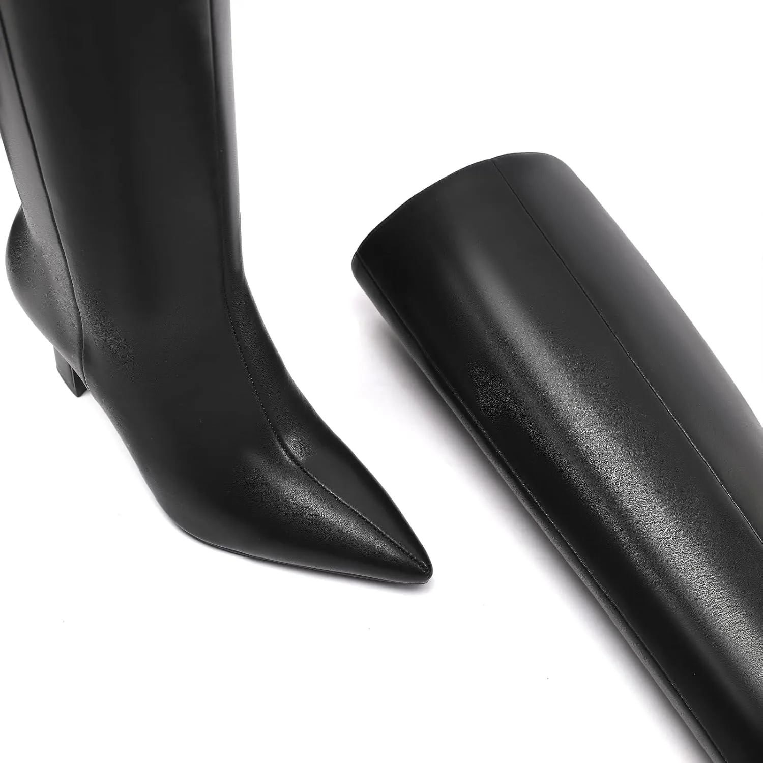 Adrizzlein Women Knee High Boots Pointed Toe Side Zipper Chunky Spool Heel Boot