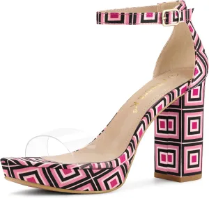 Allegra K Women's Printed Clear Platform Chunky Heel Sandals