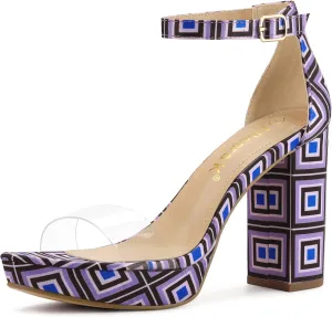 Allegra K Women's Printed Clear Platform Chunky Heel Sandals