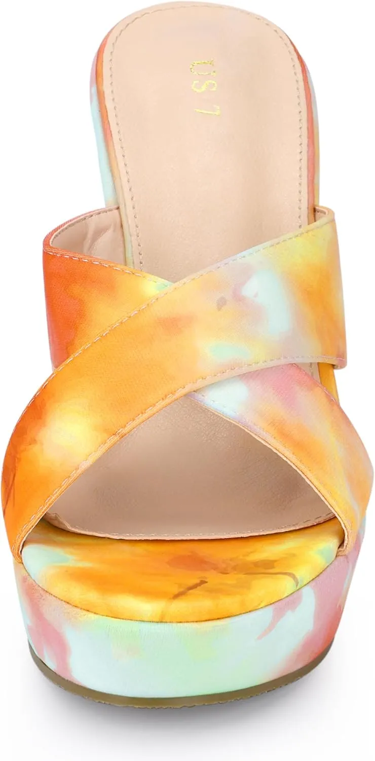 Allegra K Women's Tie Dye Crisscross Strap Wedges Slip on Wedge Heel Platform Sandals