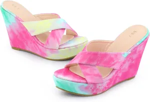 Allegra K Women's Tie Dye Crisscross Strap Wedges Slip on Wedge Heel Platform Sandals