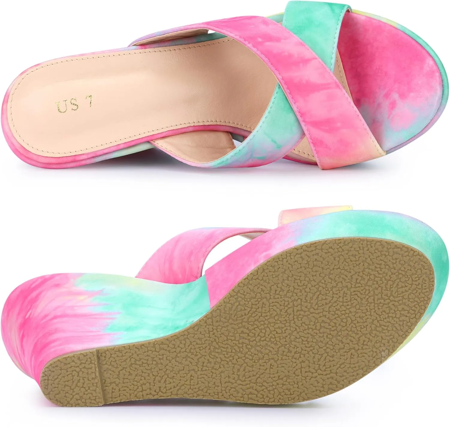 Allegra K Women's Tie Dye Crisscross Strap Wedges Slip on Wedge Heel Platform Sandals