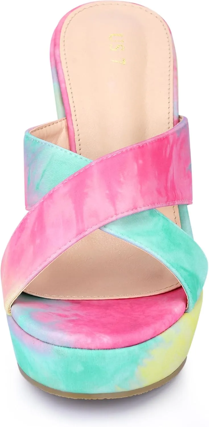 Allegra K Women's Tie Dye Crisscross Strap Wedges Slip on Wedge Heel Platform Sandals