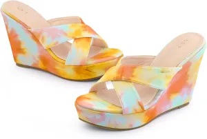 Allegra K Women's Tie Dye Crisscross Strap Wedges Slip on Wedge Heel Platform Sandals