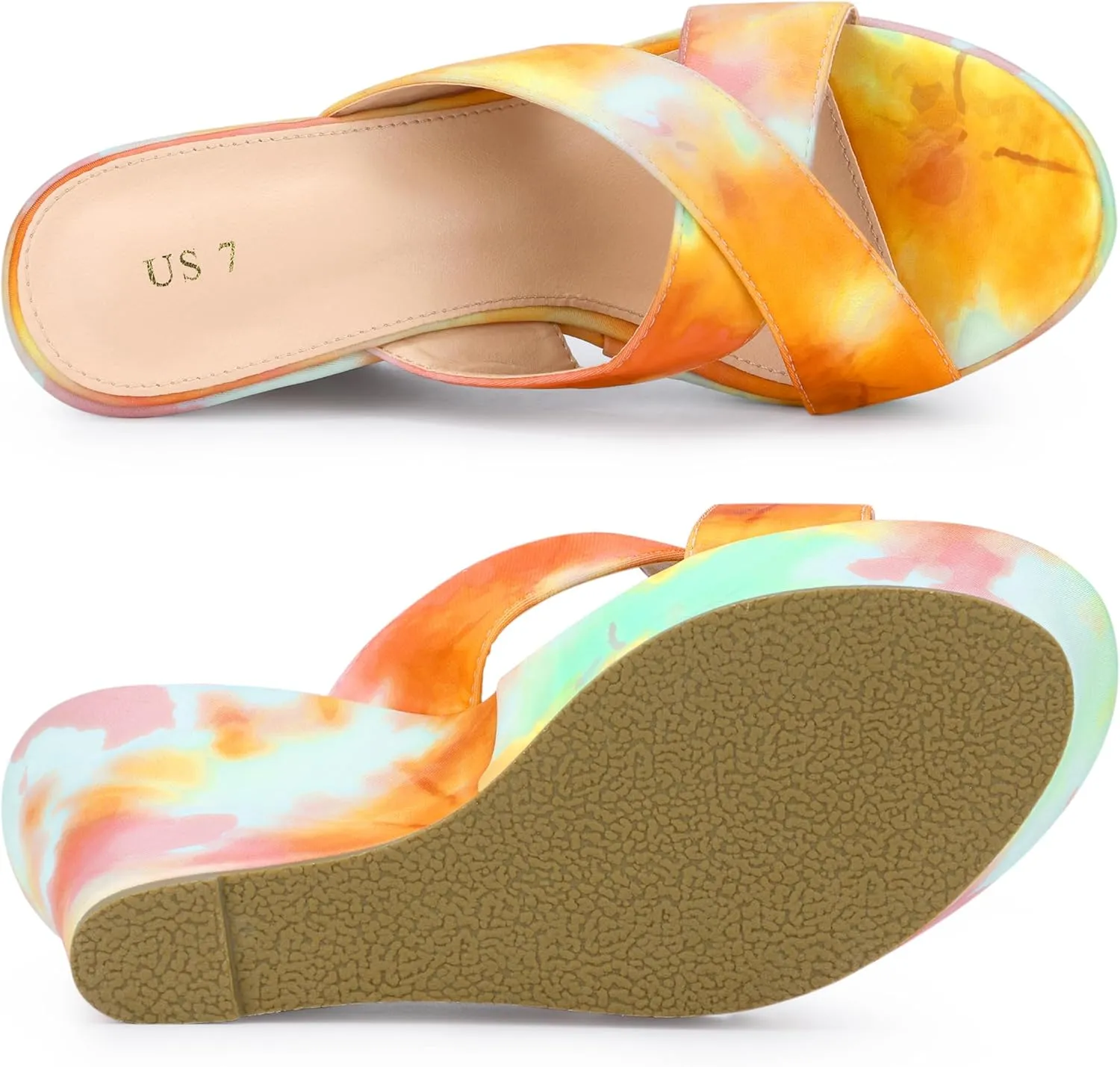 Allegra K Women's Tie Dye Crisscross Strap Wedges Slip on Wedge Heel Platform Sandals