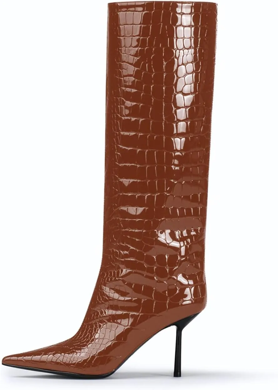 anteikira Women's Stiletto Heel Pointed Toe Knee High Boots Winter Pull-on Crocodile Long Boots High Heel Fashion Tall Boots for Women Size 5.5-12US