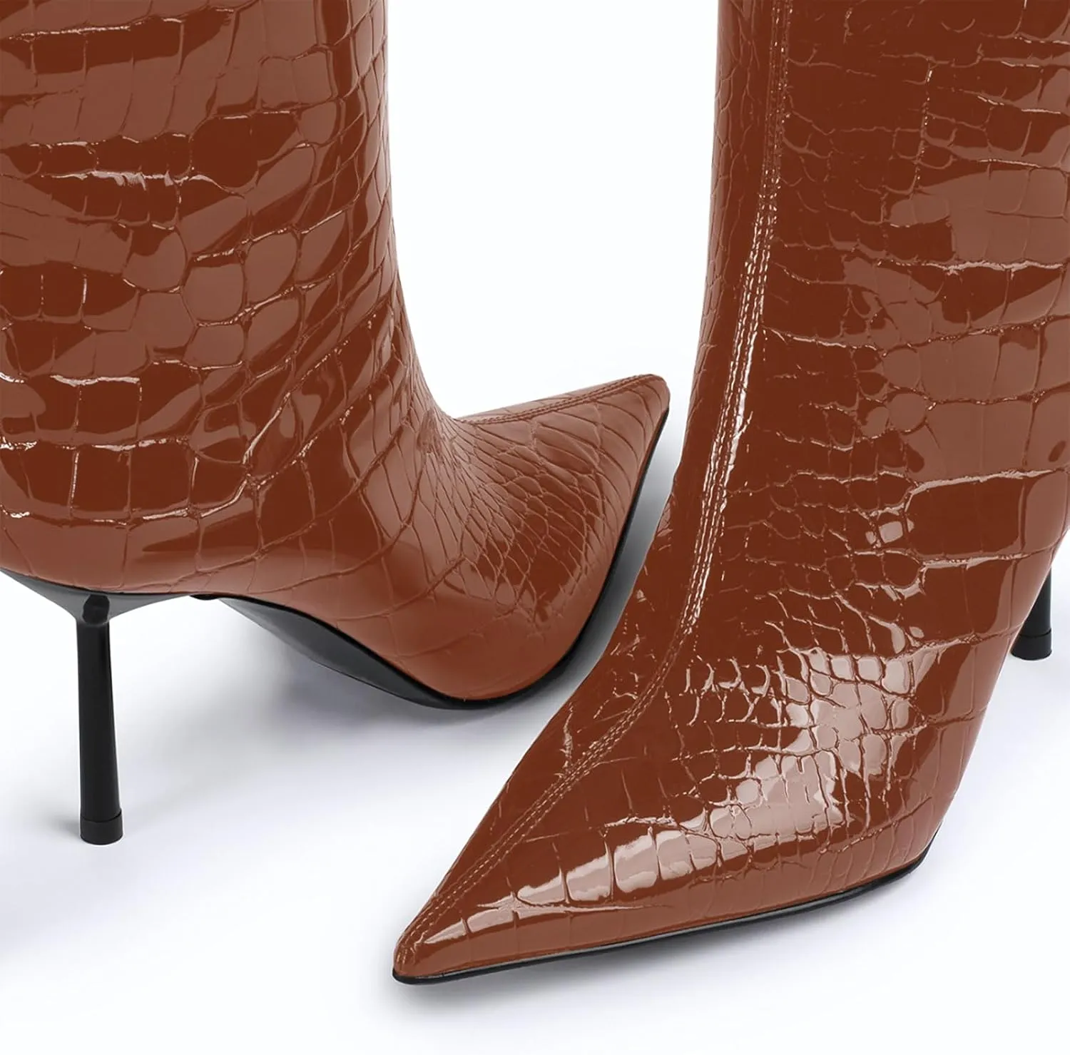 anteikira Women's Stiletto Heel Pointed Toe Knee High Boots Winter Pull-on Crocodile Long Boots High Heel Fashion Tall Boots for Women Size 5.5-12US