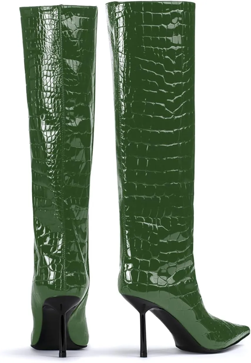 anteikira Women's Stiletto Heel Pointed Toe Knee High Boots Winter Pull-on Crocodile Long Boots High Heel Fashion Tall Boots for Women Size 5.5-12US