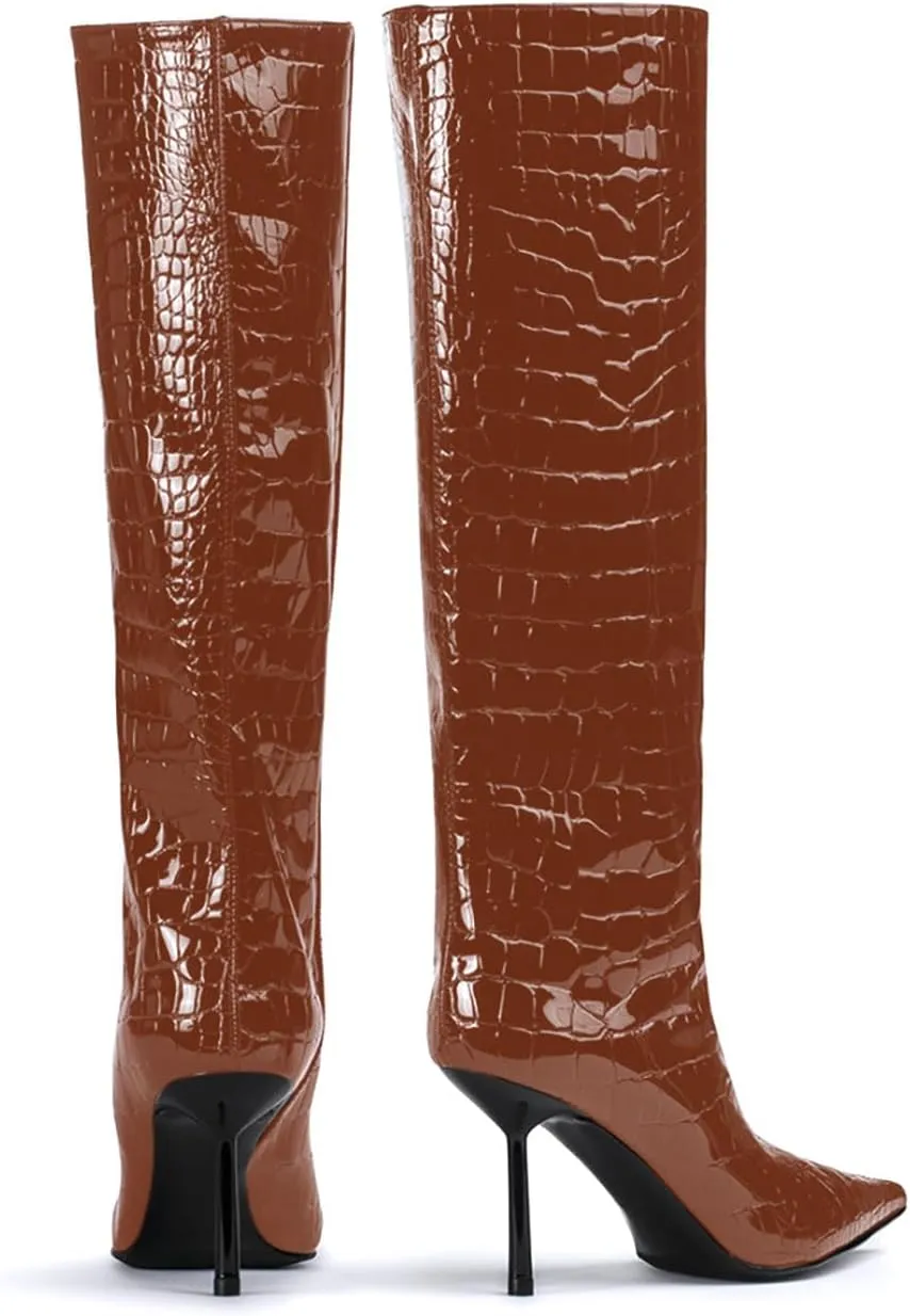 anteikira Women's Stiletto Heel Pointed Toe Knee High Boots Winter Pull-on Crocodile Long Boots High Heel Fashion Tall Boots for Women Size 5.5-12US