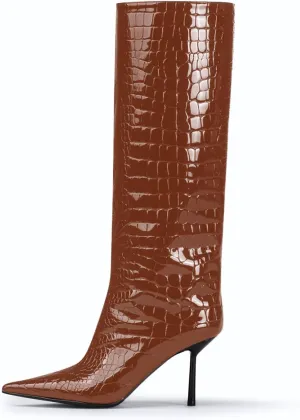 anteikira Women's Stiletto Heel Pointed Toe Knee High Boots Winter Pull-on Crocodile Long Boots High Heel Fashion Tall Boots for Women Size 5.5-12US