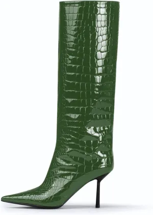 anteikira Women's Stiletto Heel Pointed Toe Knee High Boots Winter Pull-on Crocodile Long Boots High Heel Fashion Tall Boots for Women Size 5.5-12US