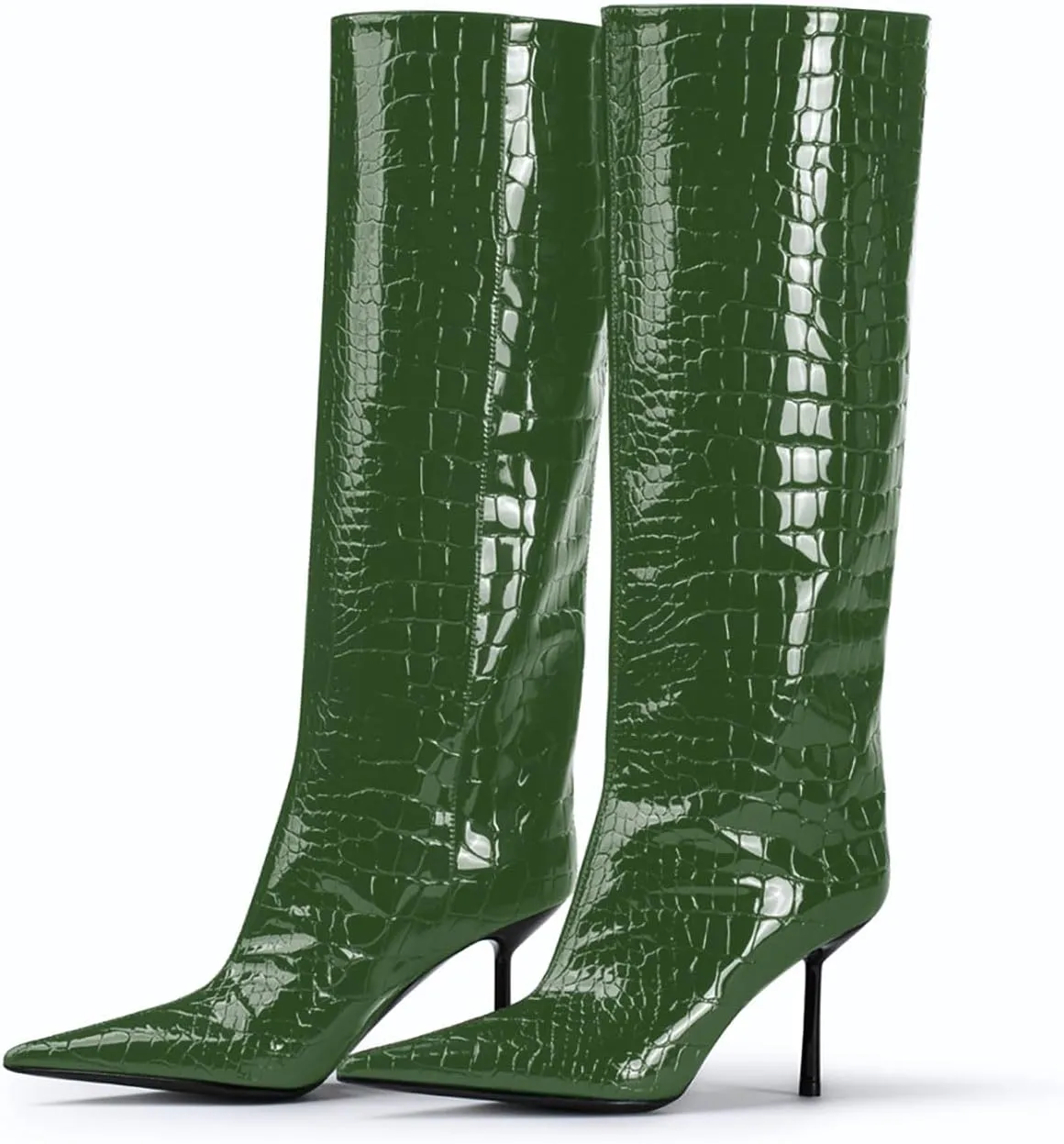anteikira Women's Stiletto Heel Pointed Toe Knee High Boots Winter Pull-on Crocodile Long Boots High Heel Fashion Tall Boots for Women Size 5.5-12US