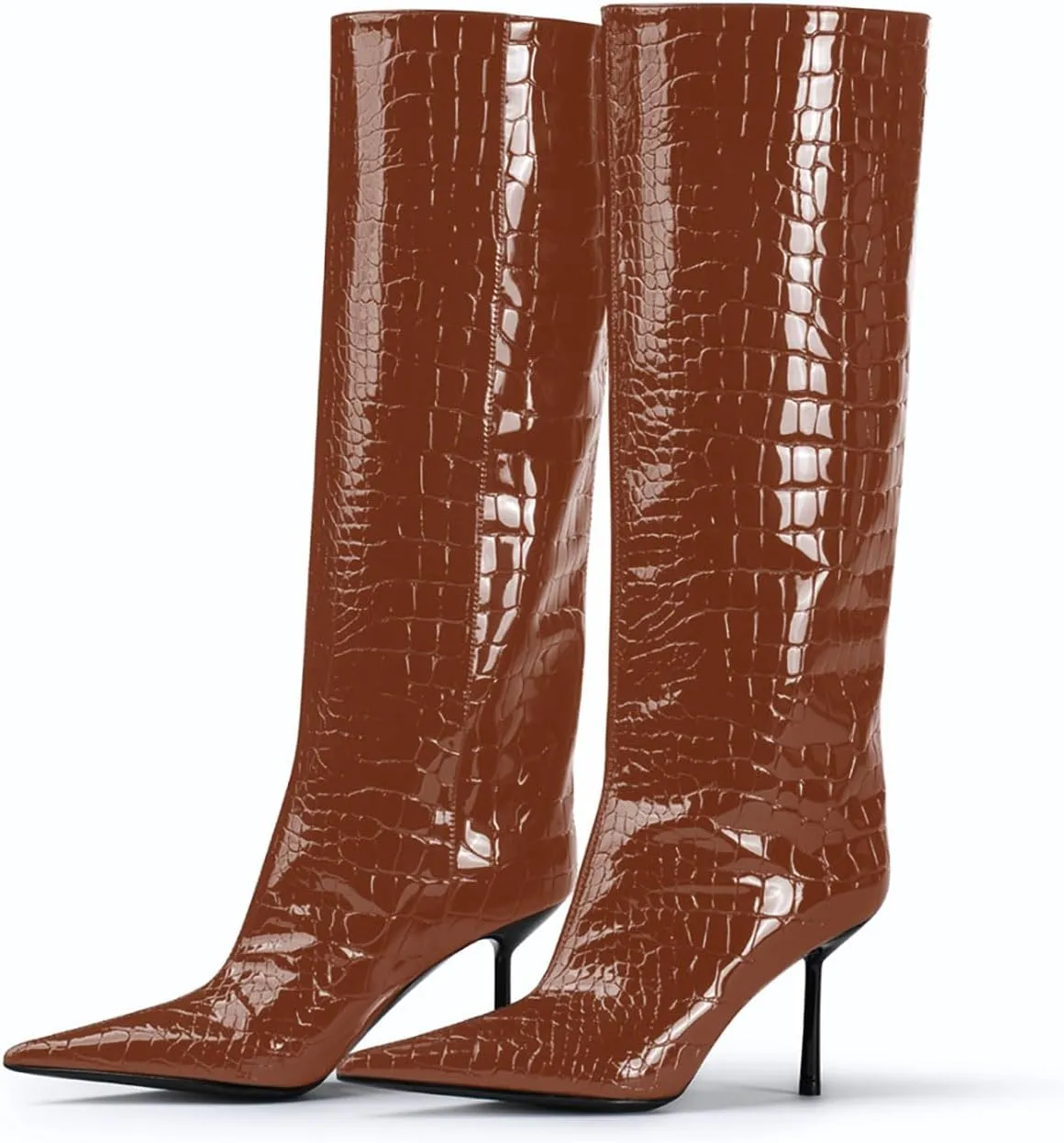 anteikira Women's Stiletto Heel Pointed Toe Knee High Boots Winter Pull-on Crocodile Long Boots High Heel Fashion Tall Boots for Women Size 5.5-12US