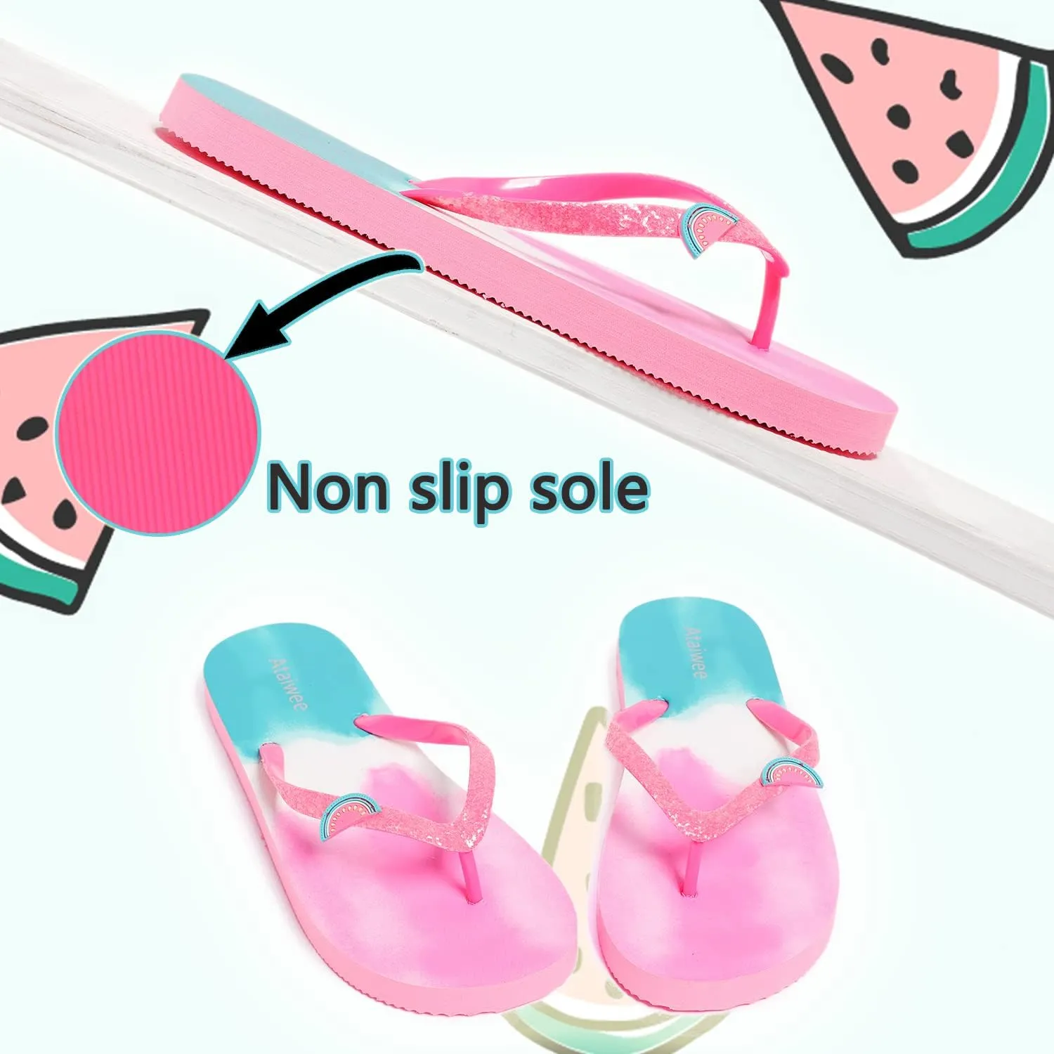 Ataiwee Girl's Flip Flops, Kid's Slip On Thong Sandals with Fruit Printed.