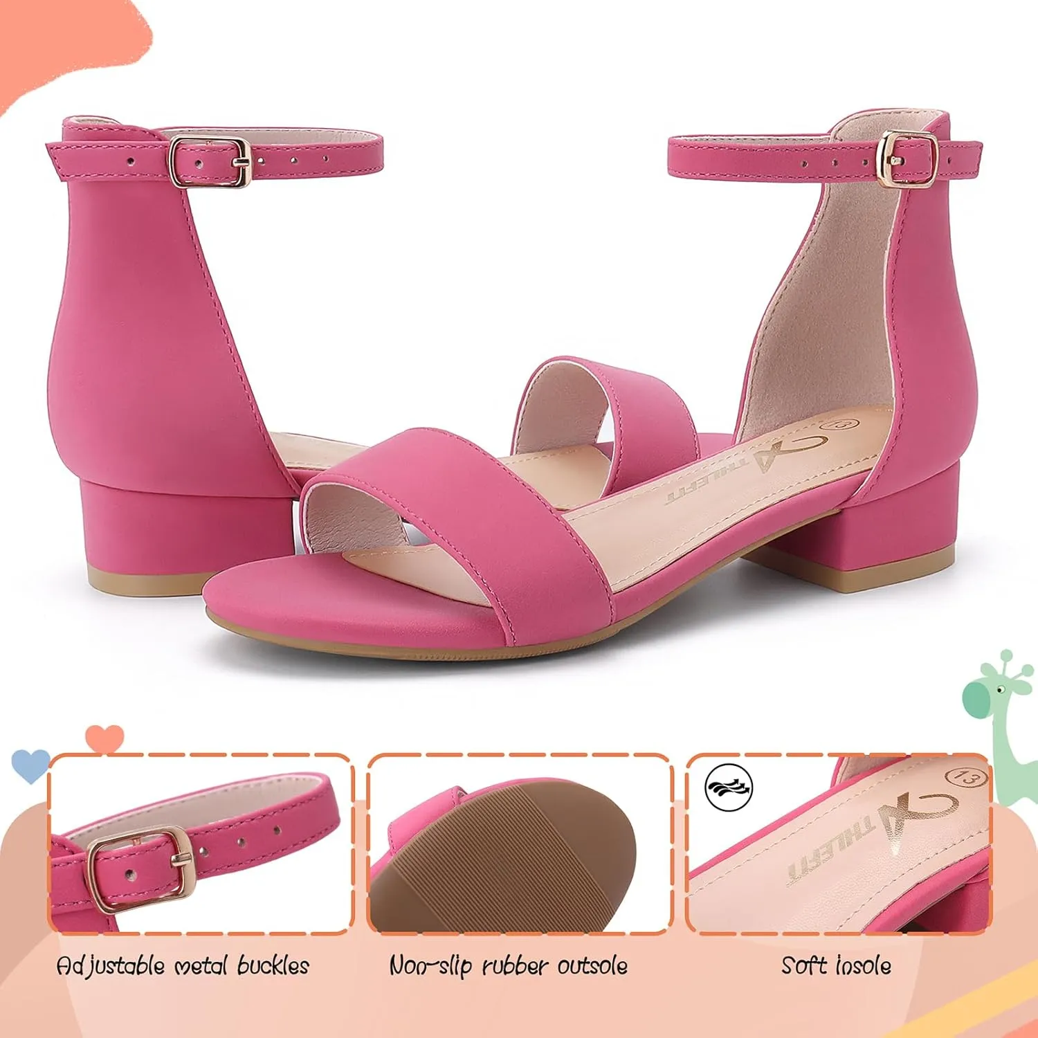 Athlefit Girls Sandals Open Toe Ankle Strap Low Heels Girl Dress Shoes For Toddler Little Big Kid