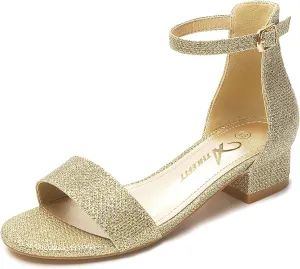 Athlefit Girls Sandals Open Toe Ankle Strap Low Heels Girl Dress Shoes For Toddler Little Big Kid