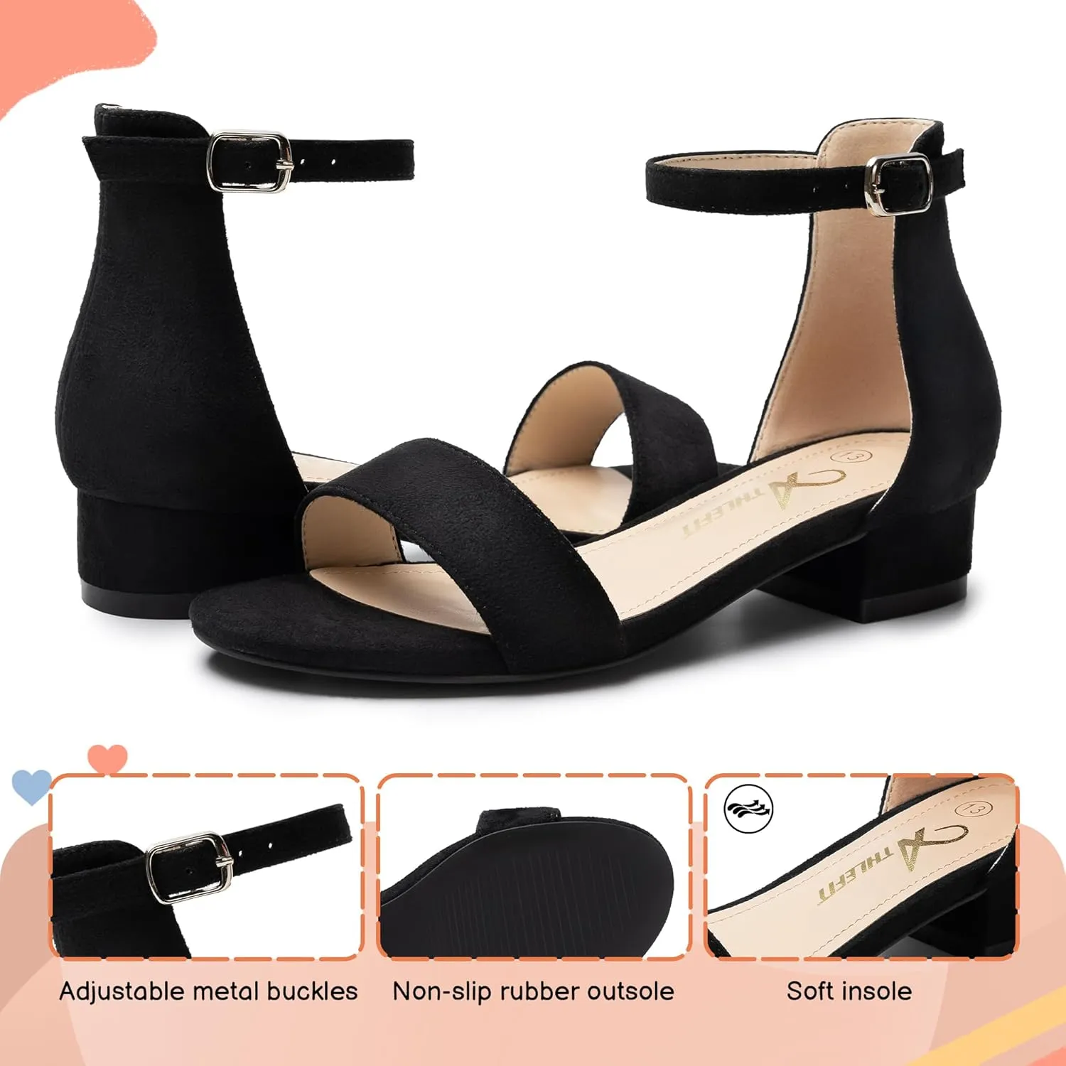 Athlefit Girls Sandals Open Toe Ankle Strap Low Heels Girl Dress Shoes For Toddler Little Big Kid
